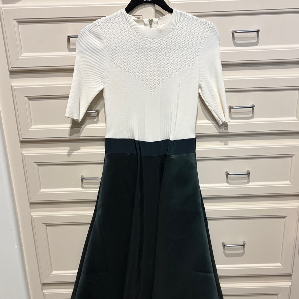 Ted Baker White Knit Top with Dark Green Satin Midi Skirt